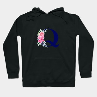 Watercolor Floral Letter Q in Navy Hoodie